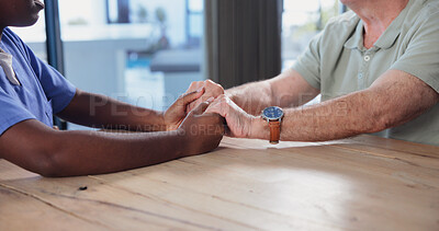 Buy stock photo Caregiver, help and holding hands in house with old man, empathy and comfort for medical diagnosis. Nurse, senior person and console in home with support, compassion or sympathy for health condition.