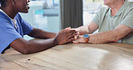 Caregiver, support and holding hands in home with old man, empathy and help for medical diagnosis. Nurse, senior person and comfort in house with assurance, trust and assistance for health condition.