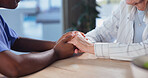 Caregiver, comfort and holding hands in house with old woman, help or empathy for medical diagnosis. Nurse, senior person and console in home with support, compassion or sympathy for health condition