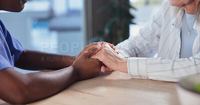 Buy stock photo Caregiver, comfort and holding hands in house with old woman, help or empathy for medical diagnosis. Nurse, senior person and console in home with support, compassion or sympathy for health condition