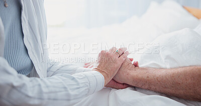 Buy stock photo Senior, couple or holding hands with love in bed for comfort, understanding or empathy in home. Elderly, man and woman with touch or sympathy for healthcare, medical help or compassion in house