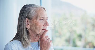 Buy stock photo Senior, woman or thinking with window in retirement home for nostalgia, past memory or reminisce. Thoughtful, elderly or female person contemplating with reflection for old history or moment in house