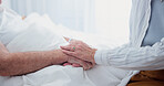 Elderly, couple or holding hands with love in bed for comfort, understanding or empathy in home. Senior, man and woman with touch or sympathy for healthcare, medical help or compassion in house