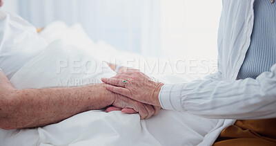 Buy stock photo Elderly, couple or holding hands with love in bed for comfort, understanding or empathy in home. Senior, man and woman with touch or sympathy for healthcare, medical help or compassion in house