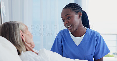 Buy stock photo Old woman, nurse and happy with talk at hospital bed for healing, discharge news or optimism. Senior patient, health worker and checkup in geriatric ward for surgery recovery, support or release info