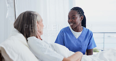 Buy stock photo Old woman, nurse and smile with checkup at hospital bed for healing, discharge info or support. Pensioner, health worker and talking in clinic ward for surgery recovery, patient care or release news