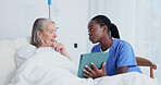 Old woman, nurse and stress with tablet at hospital bed for surgery concern, new diagnosis or news. Senior patient, worker or talk with EHR in ward for functional decline, care plan or discharge risk
