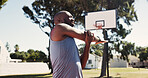 Fitness, park and stretching with black man on basketball court for game, practice or training. Exercise, start and warm up with sport athlete getting ready for competition or performance outdoor