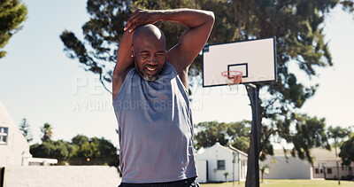 Buy stock photo Exercise, park and stretching with black man on basketball court for game, practice or training. Fitness, start and warm up with sport athlete getting ready for competition or performance outdoor