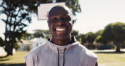 Buy stock photo Pride, portrait and man on basketball court with smile, fitness hobby and practice on weekend break. Active, happy and black person with confidence, hoop sport and training session in outdoor game.