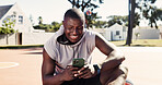Fitness, app and phone with black man on basketball court for message, tracker and social media. Summer, communication and training with happy person in park for health, tech and sports planning