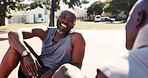Happy, man and friends in park with fitness, exercise break and relax for bonding together on weekend. Active, black people and workout rest outdoor in neighborhood with smile, vitality and wellness.