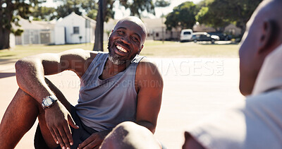 Buy stock photo Happy, man and friends in park with fitness, exercise break and relax for bonding together on weekend. Active, black people and workout rest outdoor in neighborhood with smile, vitality and wellness.