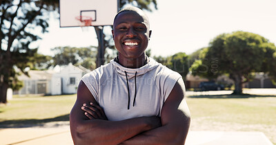 Buy stock photo Pride, portrait or man on basketball court with arms crossed, fitness hobby or practice on weekend break. Active, happy or black person with confidence, hoop sport or training session in outdoor game