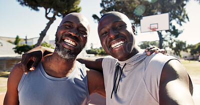 Buy stock photo Portrait, father and adult son with selfie, hug and smile together for fitness on basketball court. Happy, black people and mature dad outdoor in neighborhood with embrace, sports game and picture.