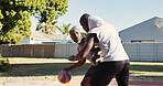 Black people, family and ball on court for basketball, practice shooting and technique for match. Father, adult son and playing in nature for fitness, sports training and dribble for competition game