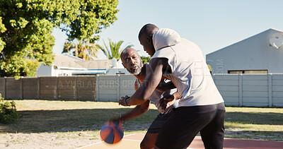 Buy stock photo Black people, family and ball on court for basketball, practice shooting and technique for match. Father, adult son and playing in nature for fitness, sports training and dribble for competition game