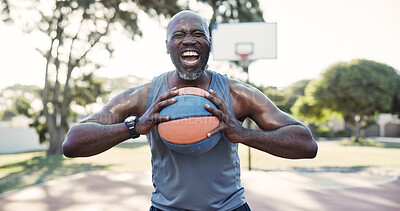 Buy stock photo Angry, black man and ball at park for basketball, practice match and weekend hobby for contest. Portrait, mature person and scream on court for fitness, sports training and ready for competition game