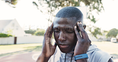Buy stock photo Fitness, massage and black man on court with headache, frustrated and tension with discomfort. Pain, burnout fatigue and person with migraine pressure, dizziness and sore head in outdoor exercise.