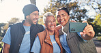 Volunteer, people and selfie with happiness outdoor, memory and charity social media post. Team building, laughing and group with community service for outreach, photo for ngo blog site or streaming