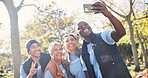 Volunteer, people and happy in selfie outdoor, memory and charity social media post. Team, laughing and group with community service for outreach, photo for ngo blog site or streaming with peace sign