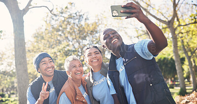 Buy stock photo Volunteer, people and happy in selfie outdoor, memory and charity social media post. Team, laughing and group with community service for outreach, photo for ngo blog site or streaming with peace sign