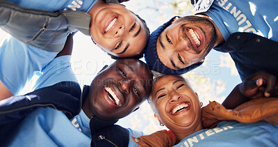 Buy stock photo Volunteer, people and huddle for unity outdoor, happy with support and charity together. Team, smile and group below with community portrait for outreach, mission circle and social responsibility