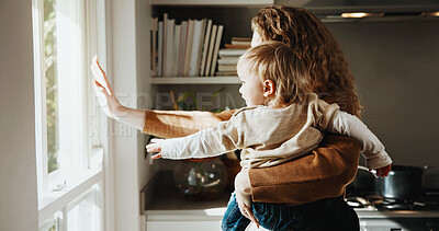 Buy stock photo Window, wave and mom with baby in home for bonding, development and healthy relationship. Family, morning and mother with child with view, gesture and learning for connection, care and support