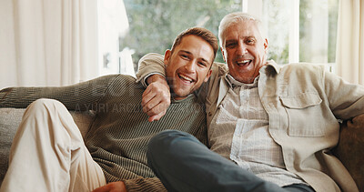Buy stock photo Happy, portrait and man with senior father on sofa in home with relax, bonding or connection in family. Smile, calm and adult son with elderly dad in living room chilling on weekend together.