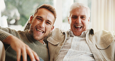 Buy stock photo Smile, portrait and man with senior father on sofa in home with relax, bonding or connection in family. Happy, calm and adult son with elderly dad in living room chilling on weekend together in house