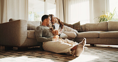 Buy stock photo Relax, calm and couple with dog on sofa in home for peaceful weekend together with pet adoption. Companion, puppy and people with animal in living room for bonding, connection or care in apartment.