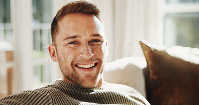 Buy stock photo Smile, relax and portrait of man on sofa in home for calm, positive attitude or peace in morning. Happy, confident and person on couch in living room with chilling, break or weekend in apartment.