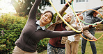 Trainer, senior people and hoop for stretching outdoor, exercise or mobility wellness. Elderly care, health and fitness with plastic ring for warm up, body movement and woman with group in retirement
