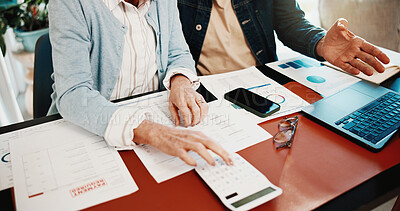 Buy stock photo Hands, couple and talking at house with calculator, finance cost and overdue payment for mortgage. Mature people, document and laptop in home with notice, calculate expenses and financial information