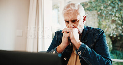 Buy stock photo Stress, old man and reading at house with laptop, research and finance mistake for wrong account. Concern, senior person or pc in home for overdue bills, pension claim issue and retirement bankruptcy