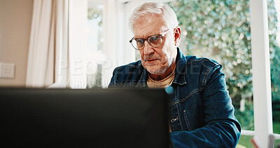 Buy stock photo Serious, old man and reading at house with laptop, research and finance mistake for wrong account. Stress, senior person or pc in home for overdue bills, pension claim issue and retirement bankruptcy