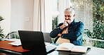 Smile, old man and reading at house with laptop, research and finance report for loan approval. Thinking, senior person or pc in home with documents, pension claim and financial information for audit