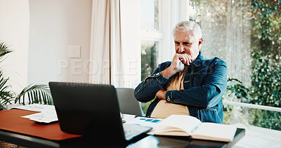 Buy stock photo Old man, relax and reading at house with laptop, research and finance report for loan approval. Thinking, senior person or pc in home with documents, pension claim and financial information for audit