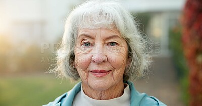 Buy stock photo Wellness, portrait or old woman outdoor with space, fresh air or positive attitude on weekend break. Wellbeing, happy or senior person with confidence, backyard unwind or good mood in retirement.
