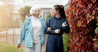 Buy stock photo Outdoor, fitness or senior mother with woman for morning walk, speaking or support for wellness. Park, talking and adult daughter with happy old person for retirement health, exercise and bonding