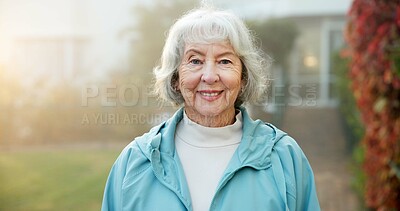 Buy stock photo Wellness, happy and old woman with portrait, outdoor break and positive attitude with fresh air. Wellbeing, space and elderly person with confidence, backyard unwind and good mood in retirement.