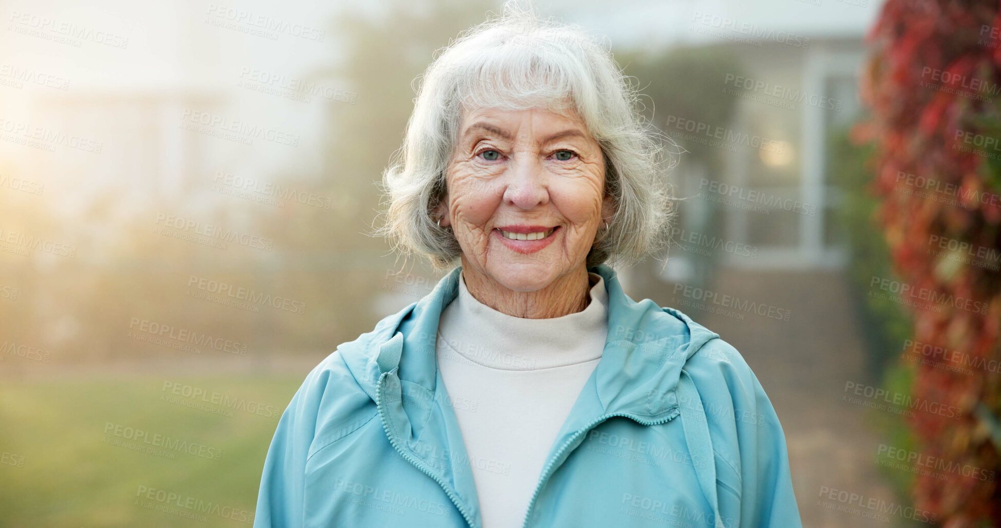 Buy stock photo Wellness, happy and old woman with portrait, outdoor break and positive attitude with fresh air. Wellbeing, space and elderly person with confidence, backyard unwind and good mood in retirement.
