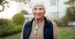 Wellness, happy and old man with portrait, outdoor break and positive attitude with fresh air. Wellbeing, smile and elderly person with confidence, backyard unwind and good mood in retirement.