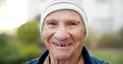 Buy stock photo Wellness, happy and senior man with portrait, outdoor break and positive attitude with fresh air. Wellbeing, space and elderly person with confidence, backyard unwind and good mood in retirement.