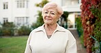 Wellness, happy and elderly woman with portrait, outdoor break and positive attitude with fresh air. Wellbeing, smile and old person with confidence, backyard unwind and good mood in retirement.
