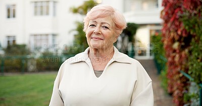 Buy stock photo Wellness, happy and elderly woman with portrait, outdoor break and positive attitude with fresh air. Wellbeing, smile and old person with confidence, backyard unwind and good mood in retirement.