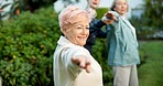 Stretching, smile or old woman outdoor with fitness class, wellness session or support in exercise. Active, instructor or senior friends with help, training together or elderly activity on retirement