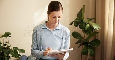 Buy stock photo Clipboard, woman and physiotherapist in clinic with checklist, appointment booking or information. Physical therapy, schedule and healthcare worker with paperwork for patient report in medical office