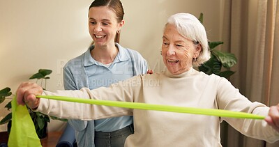 Buy stock photo Physiotherapy, old woman or chiropractor with resistance band, mobility or joint support in checkup. Happy, senior patient or practitioner with stretch, recovery or muscle exercise in rehabilitation.