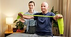 Physiotherapy, old man or chiropractor with resistance band, mobility or joint support in checkup. Health, senior patient or practitioner with stretch, recovery or muscle exercise in rehabilitation.